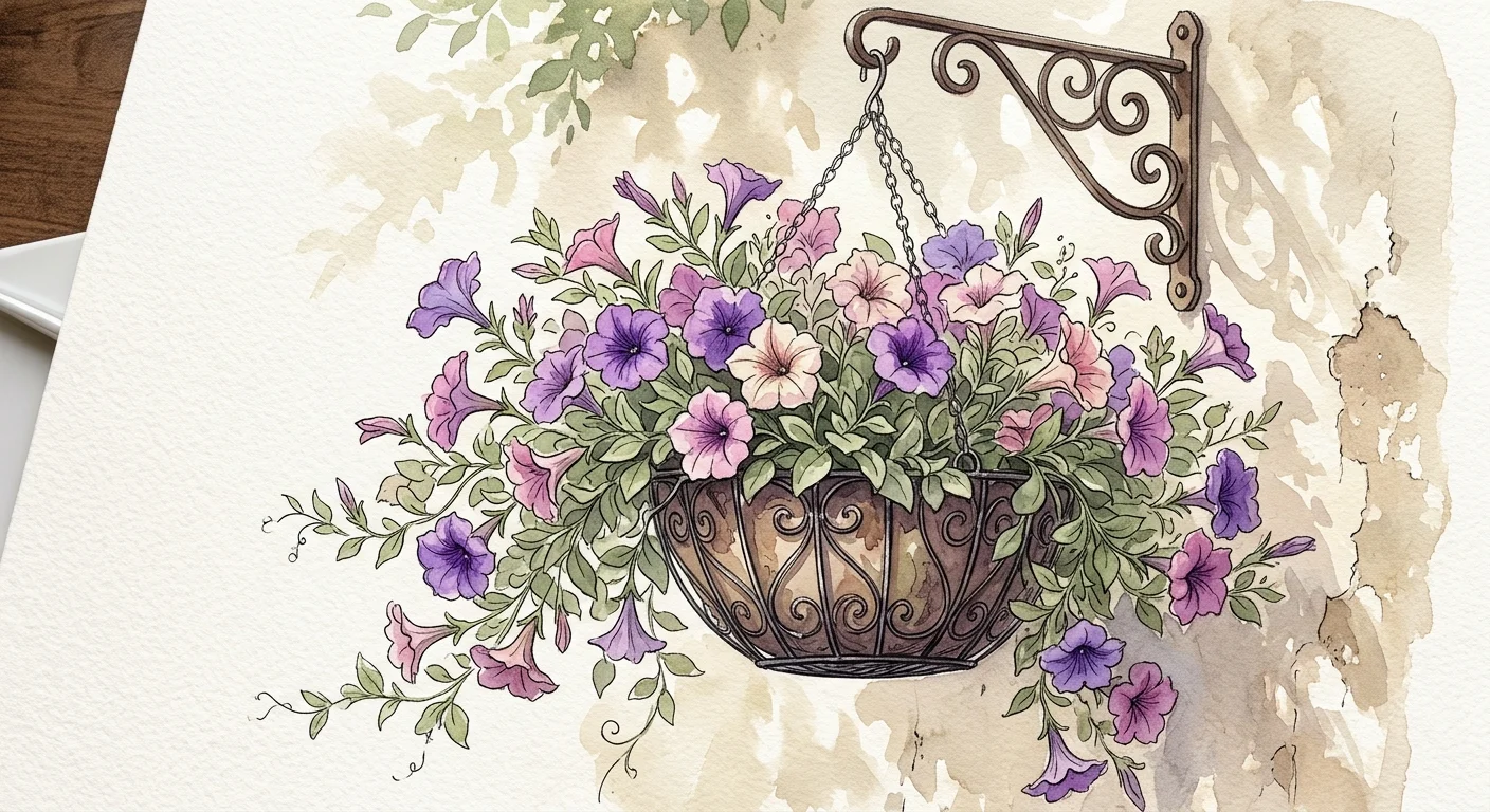 A whimsical watercolor illustration of a hanging wire basket overflowing with cascading purple and lavender petunias against a plaster wall.