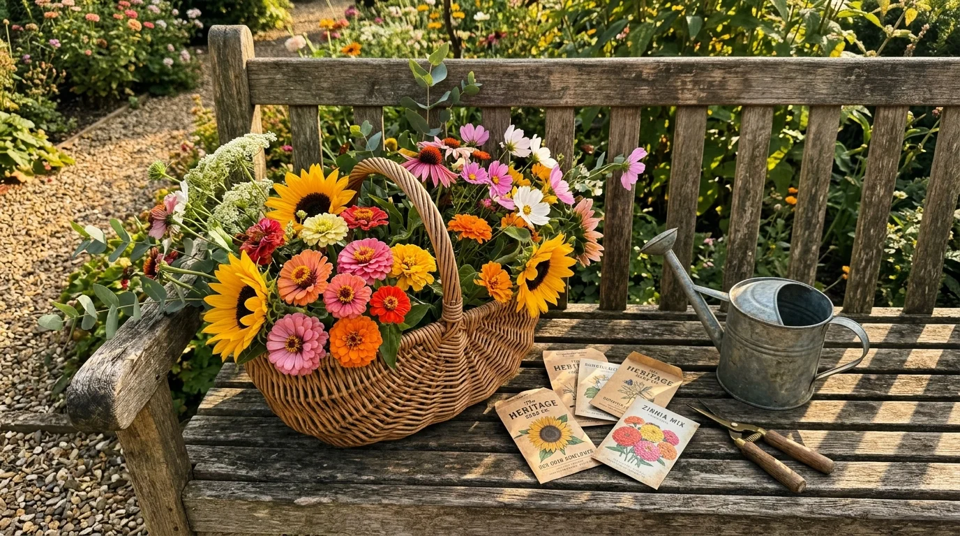 A wicker basket overflowing with freshly cut sunflowers, zinnias, and marigolds on a rustic garden bench in warm sunlight.