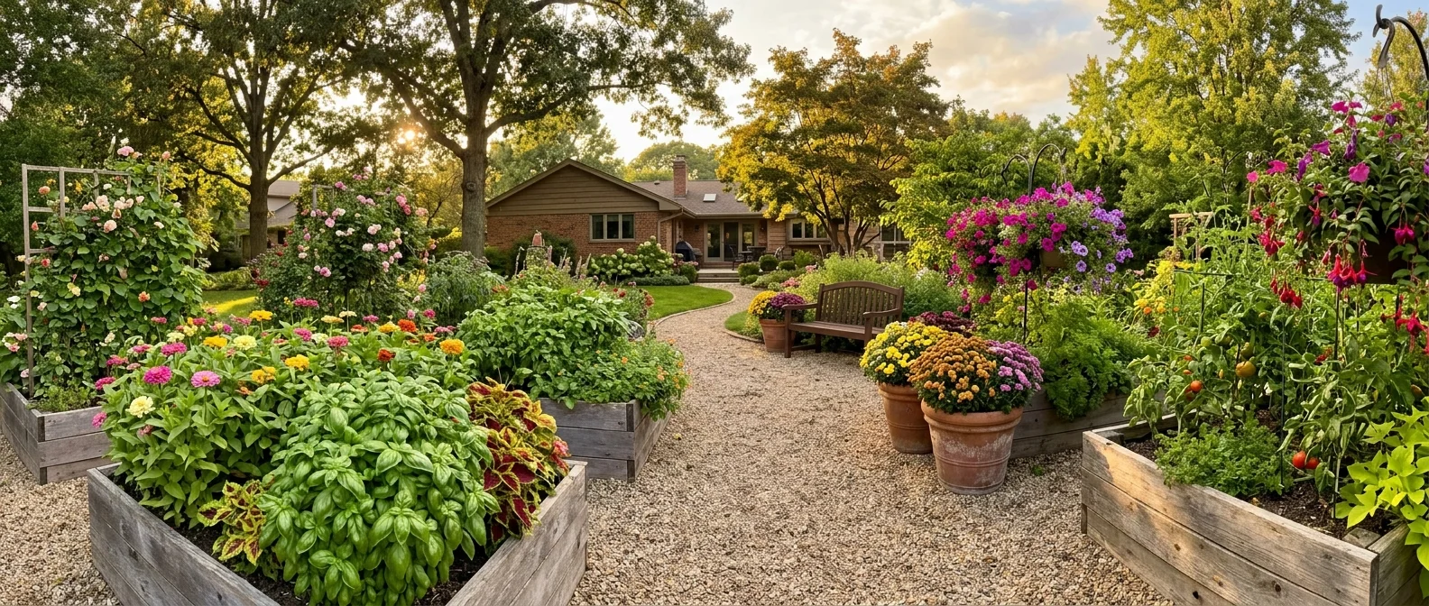 A wide-angle photo of a lush, thriving backyard garden featuring bushy, well-pinched basil, zinnias, and petunias in late afternoon golden l