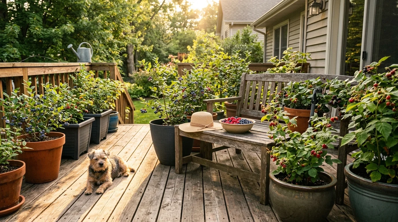 A wide-angle photo of a warm, sunlit backyard deck filled with thriving potted berry bushes and a bowl of fresh fruit.