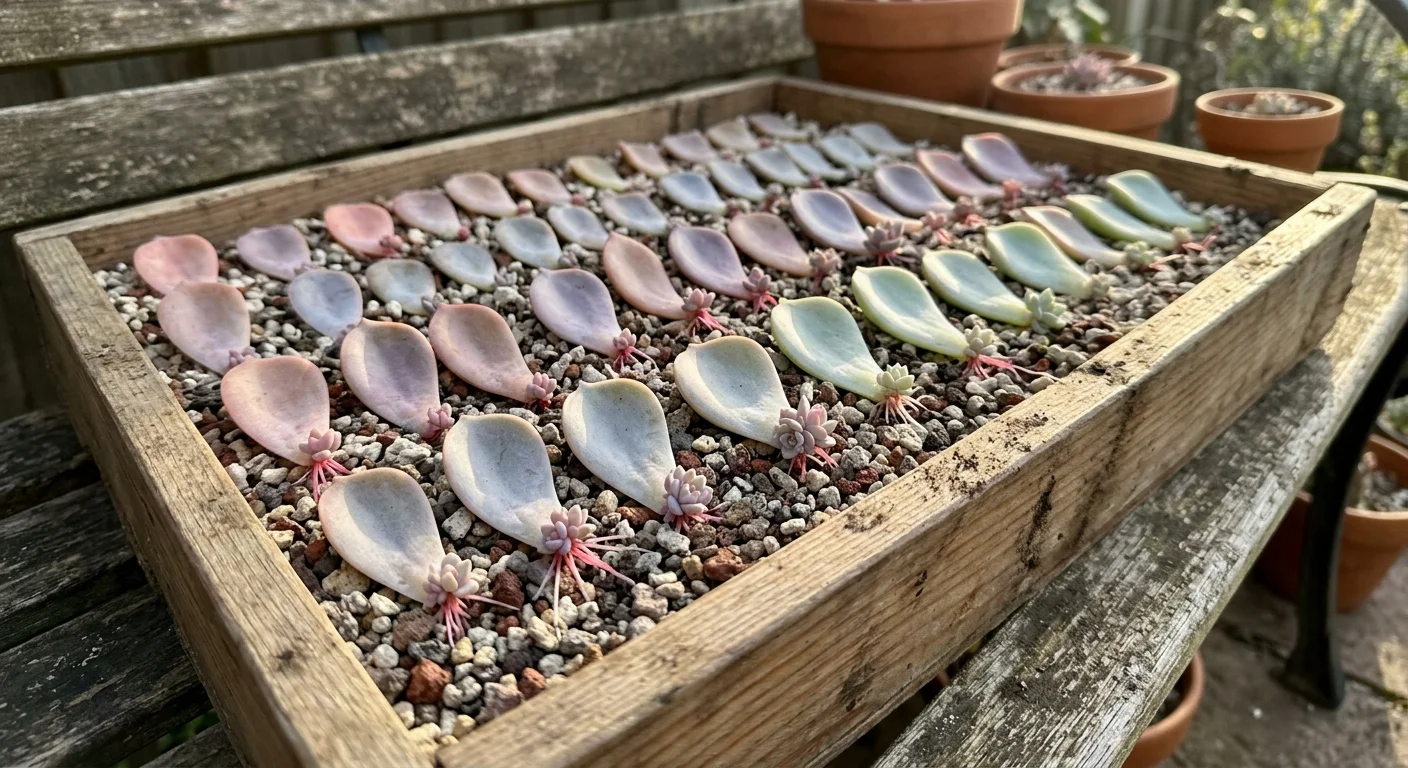 A wooden tray filled with rows of colorful succulent leaves, each sprouting tiny pink roots and baby rosettes.