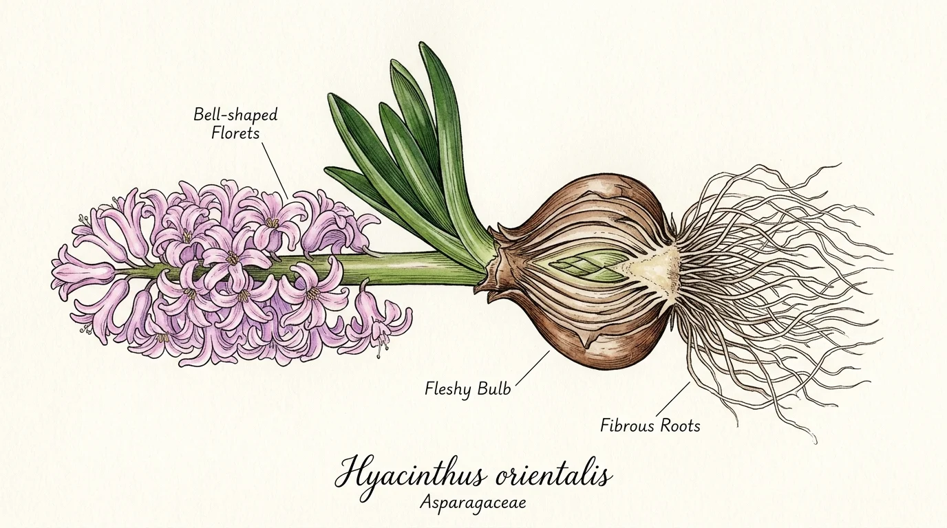 An anatomical watercolor diagram of a hyacinth plant showing its pink flower spike, bulb, and root system with neat ink labels.