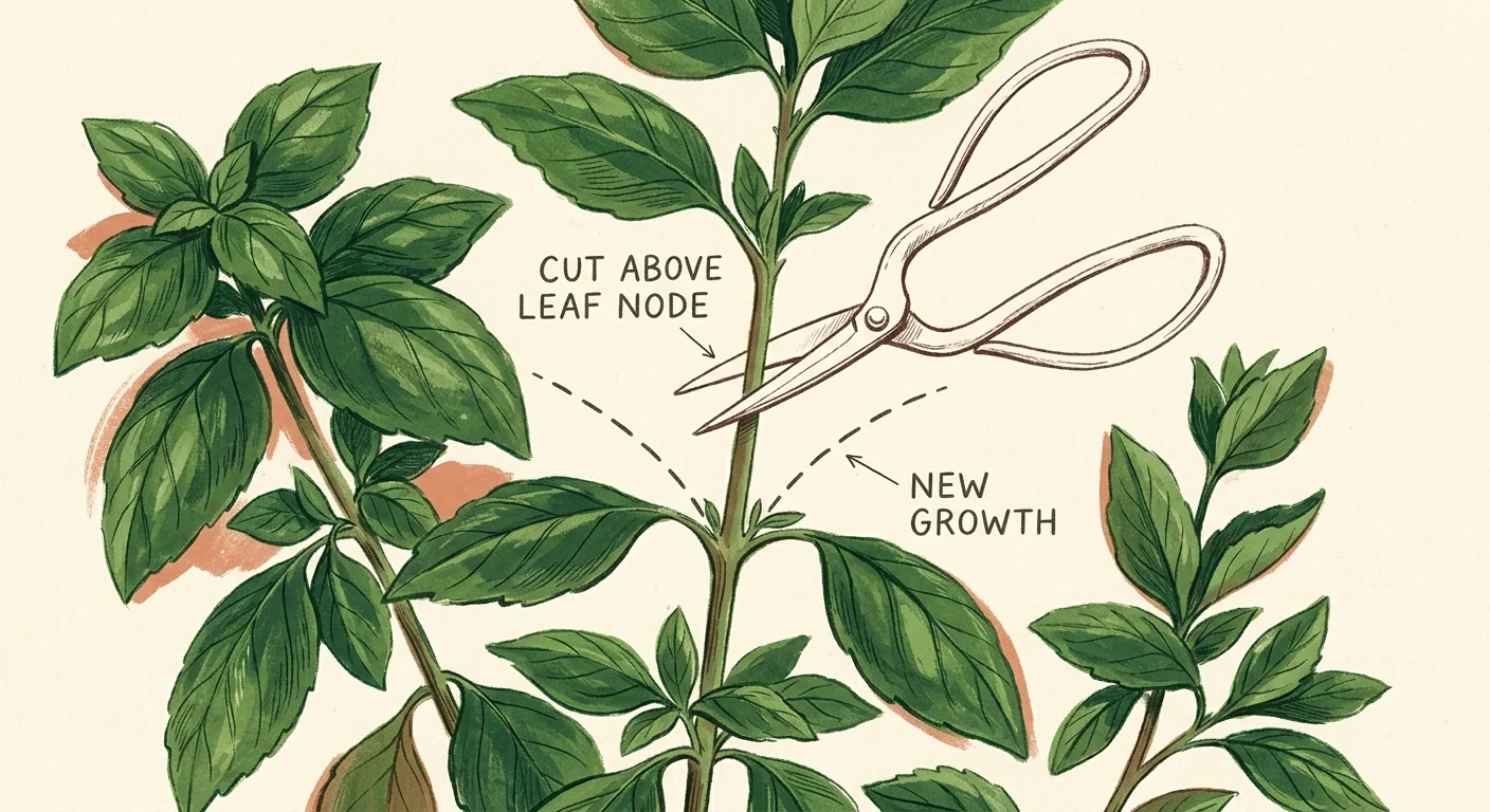 An editorial illustration showing where to snip a sweet basil stem above a leaf node to encourage bushy growth.