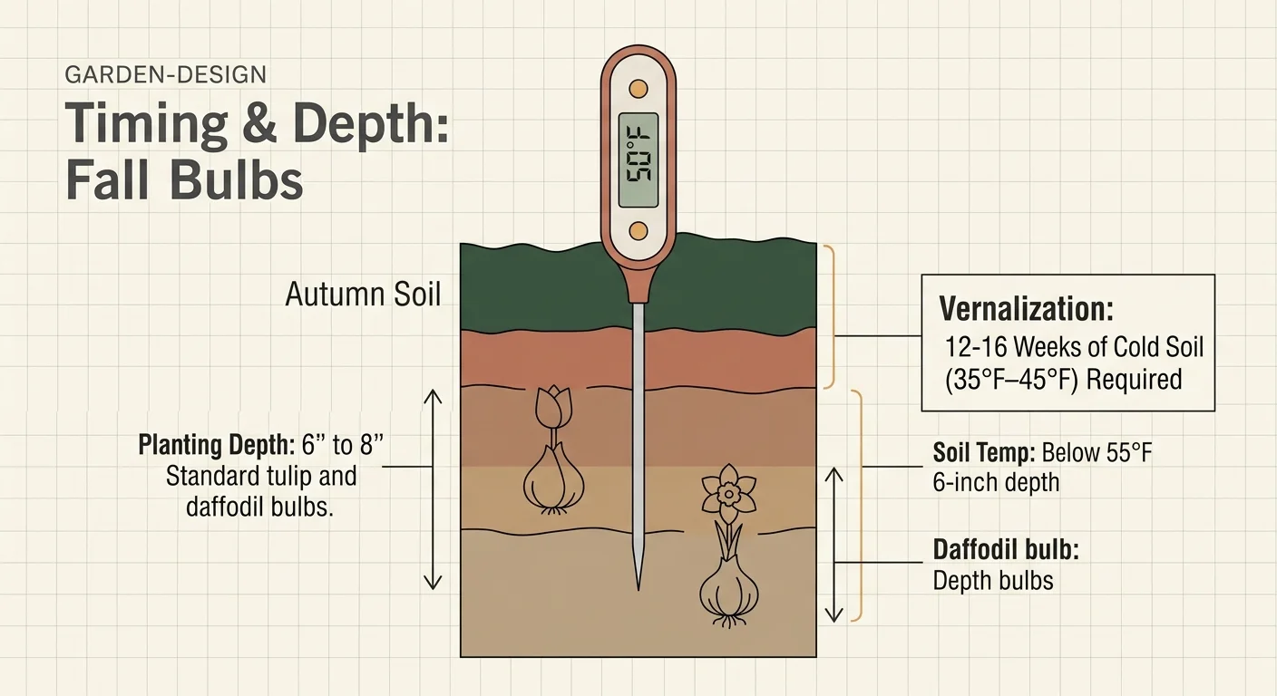An editorial soil cross-section diagram showing bulb planting depths of 6 to 8 inches and a soil thermometer reading 50°F.