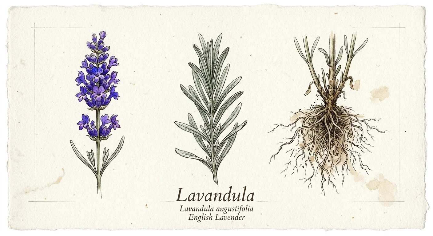 An elegant botanical watercolor study of lavender stems and foliage on textured paper with hand-written script.
