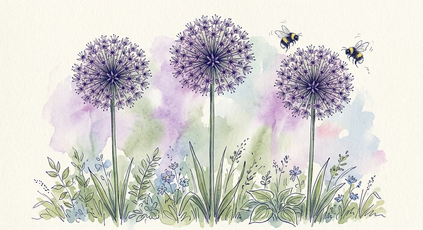 An elegant watercolor and ink illustration of tall, spherical purple allium flowers with visiting bumblebees.
