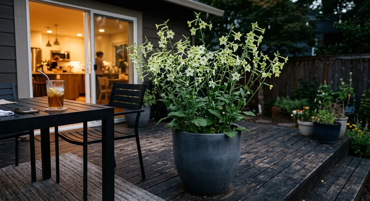 An evening documentary photo of a potted flowering tobacco plant with open star-shaped white flowers next to a patio table.