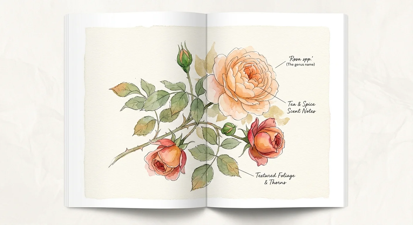 An expressive peach and coral watercolor illustration of a fragrant heirloom rose branch with hand-lettered scent notes.