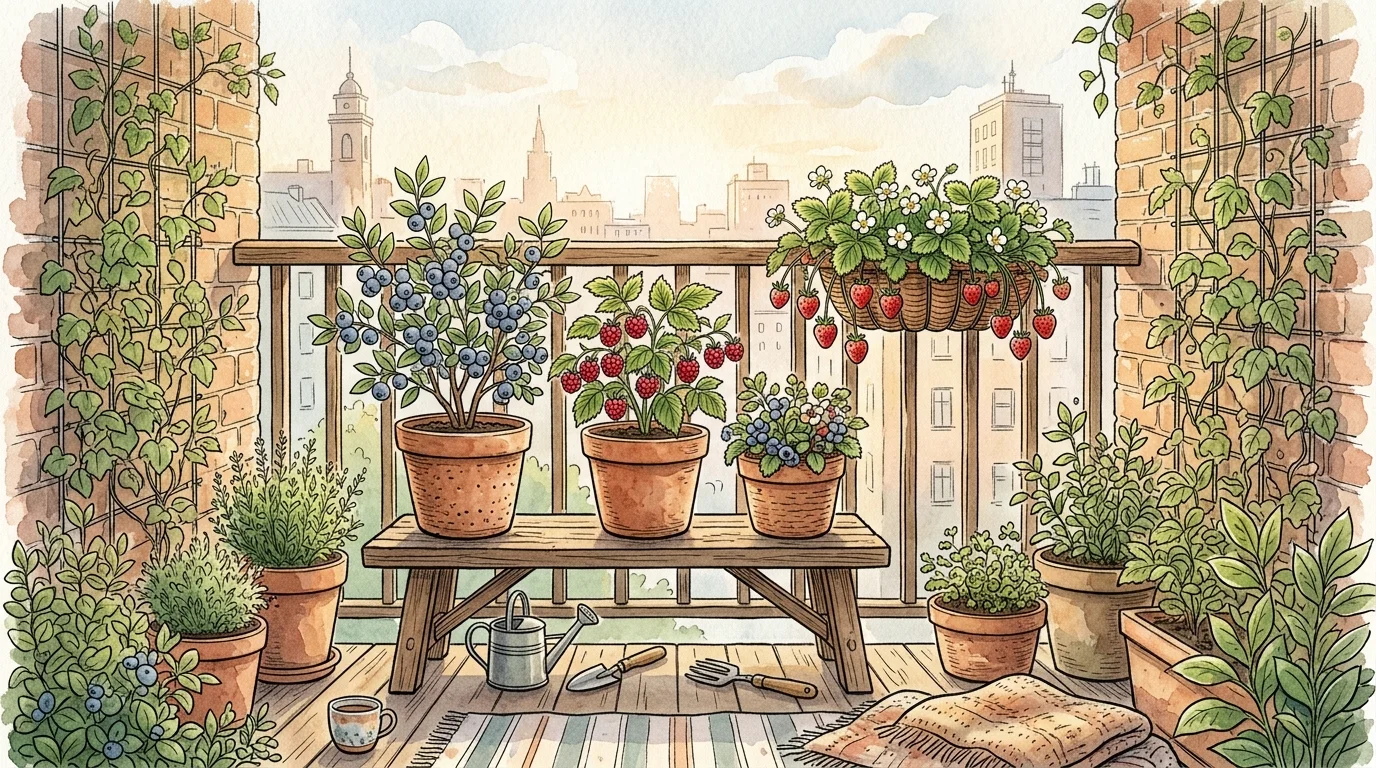An illustrated warm balcony garden with potted blueberry, raspberry, and hanging strawberry plants in watercolor and ink style.