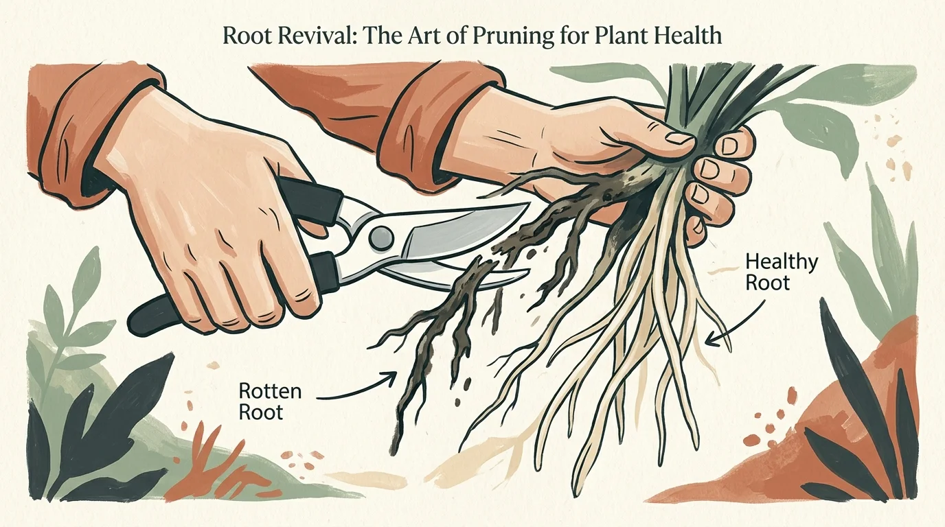 An illustration showing hands pruning soft, dark rot away from a root system while preserving firm, healthy roots.