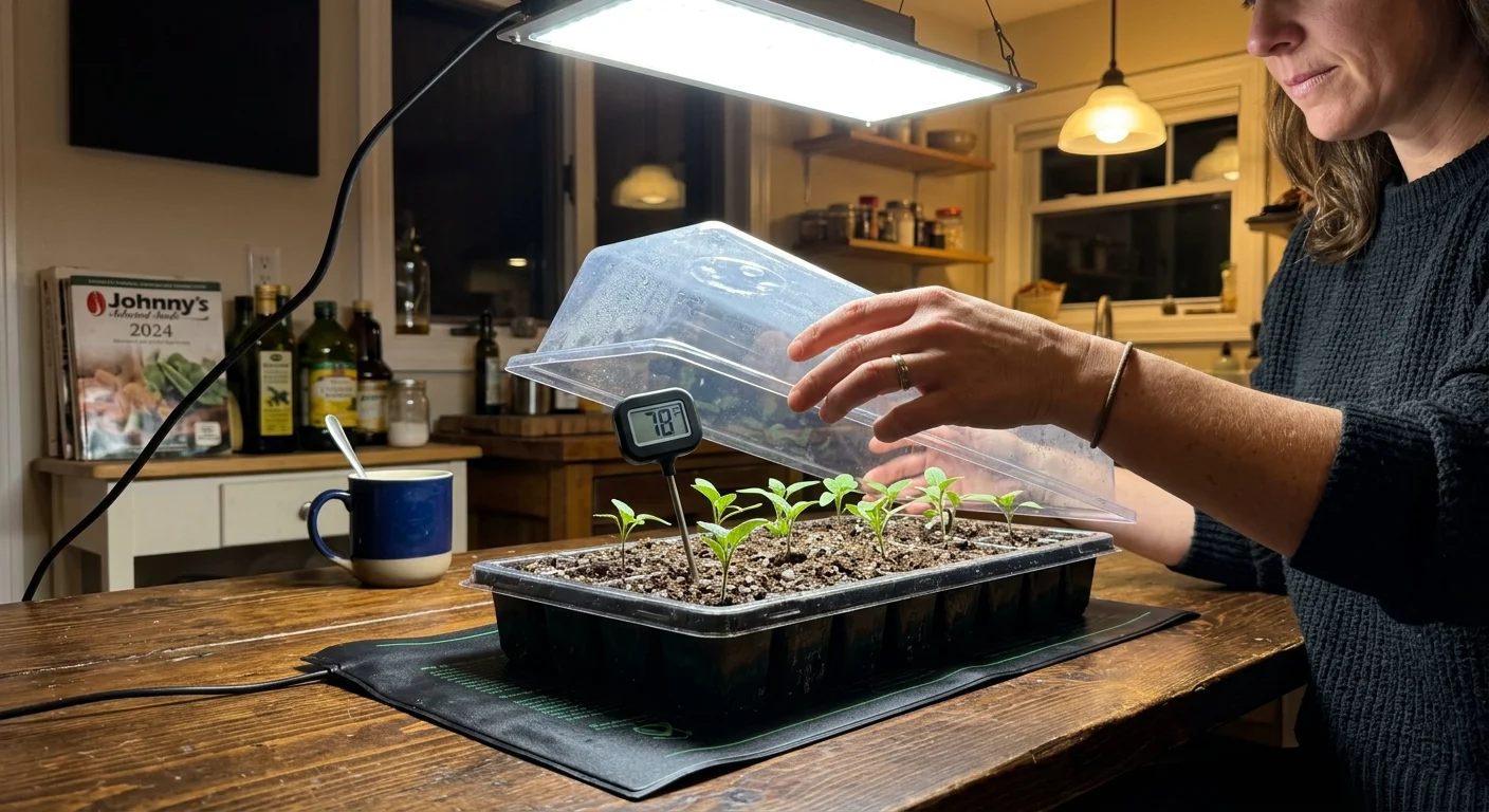 An indoor gardening setup on a kitchen table at night, showing seedlings on a heating mat under a grow light.