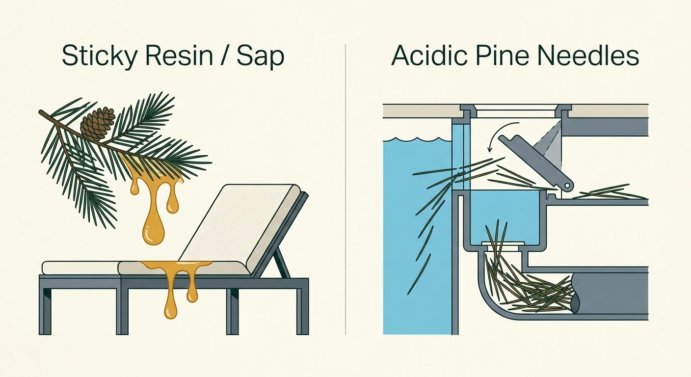 An infographic diagram showing pine tree sap dripping on a lounge chair and pine needles clogging a pool skimmer throat.
