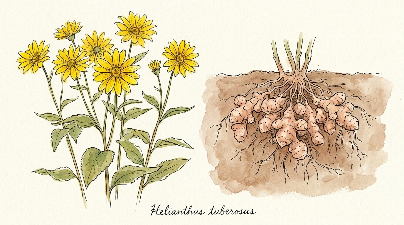 An ink and watercolor botanical illustration showing a Jerusalem artichoke plant with yellow flowers above ground and knobby tubers below.