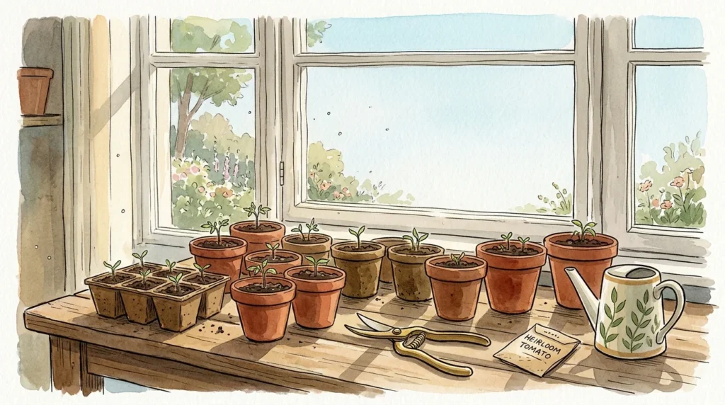 An ink and watercolor illustration of a sunny indoor windowsill with small potted seedlings, seed packets, and a brass watering can.