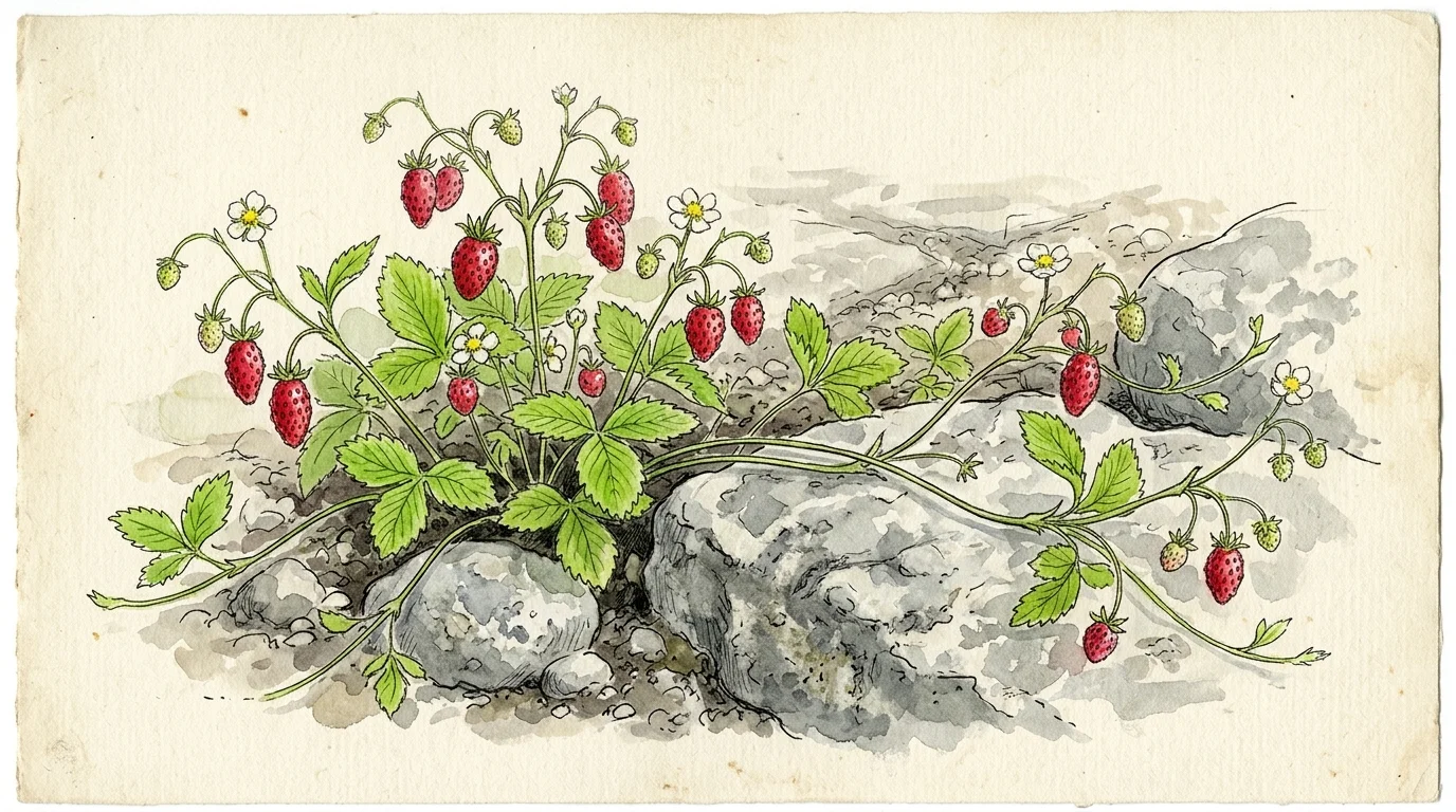 An ink and watercolor illustration of alpine strawberry plants with white flowers and small red berries growing over stones.