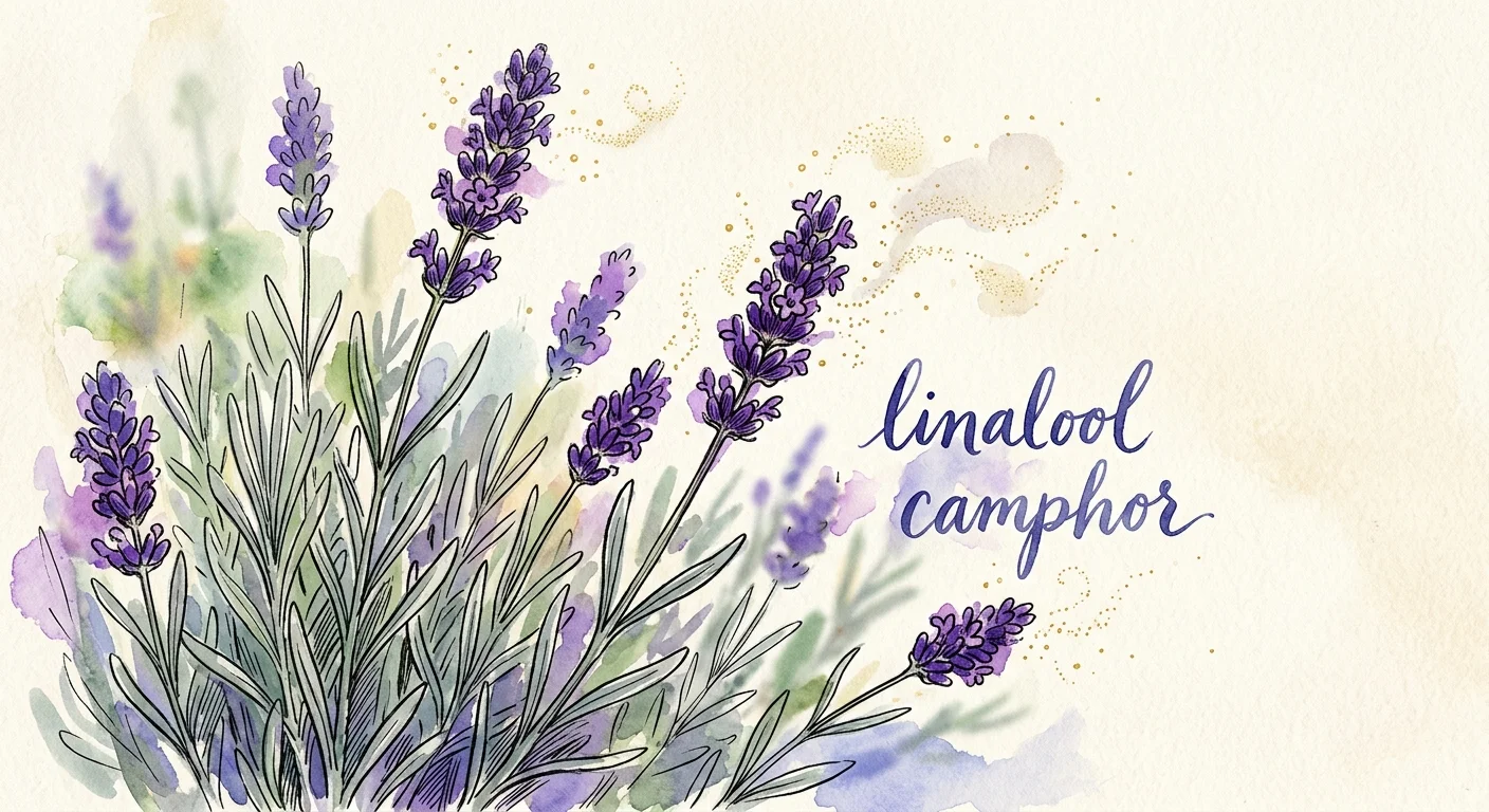 An ink and watercolor illustration of fragrant purple lavender blooms with subtle golden scent particles floating above the stems.