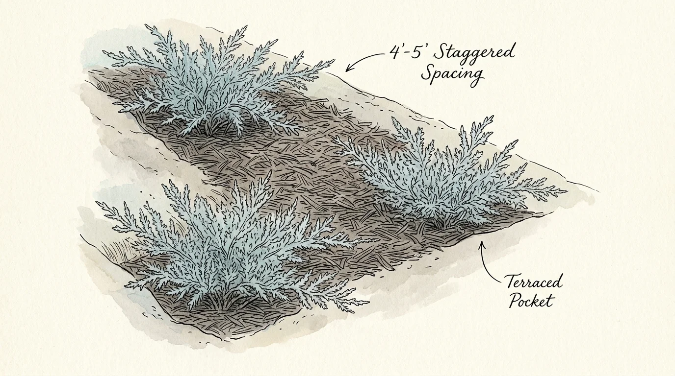 An ink and watercolor illustration showing the staggered planting layout of creeping juniper on a terraced slope with mulch.