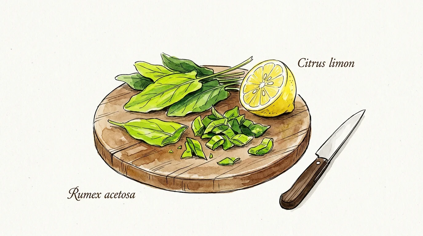 An ink and watercolor kitchen illustration of fresh green sorrel leaves on a wooden cutting board next to a sliced lemon.