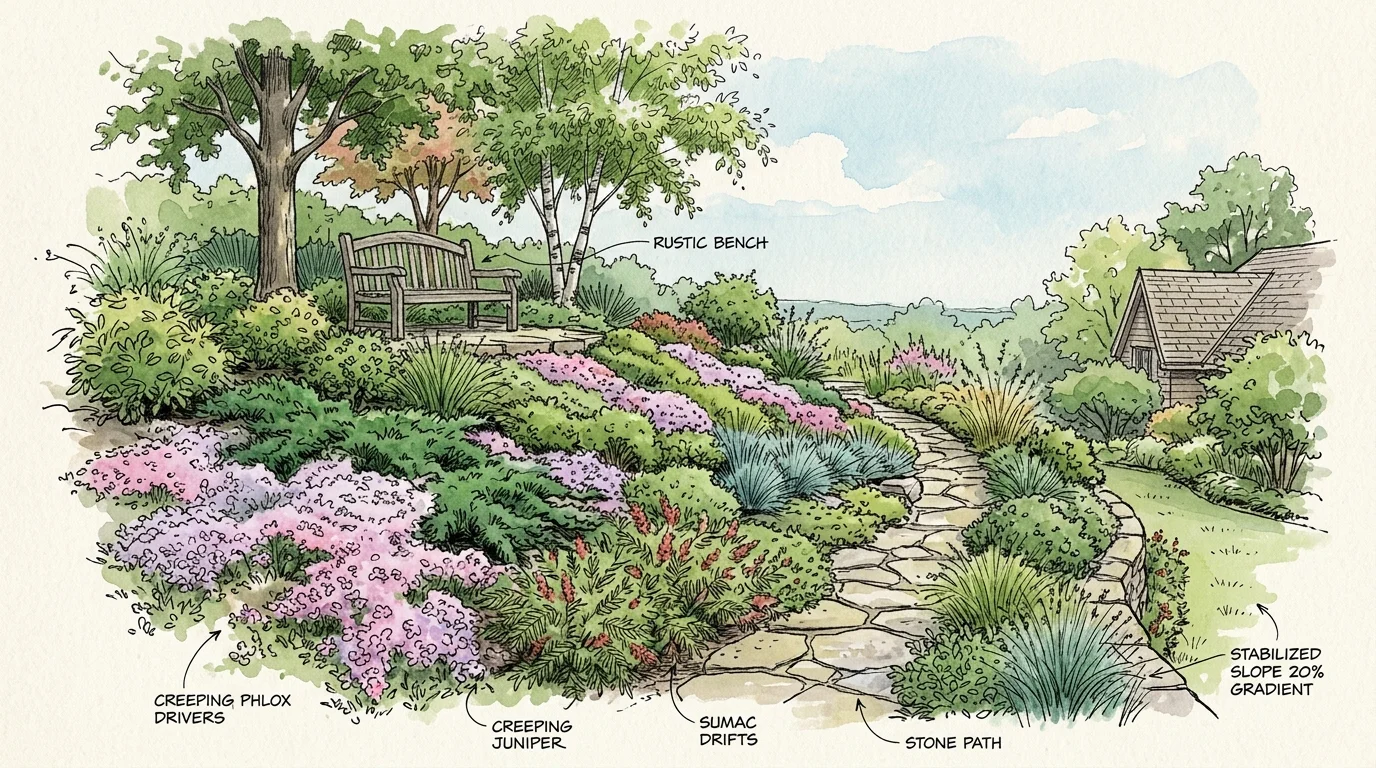 An ink and watercolor landscape design illustration of a terraced garden slope with a stone path and lush groundcovers.