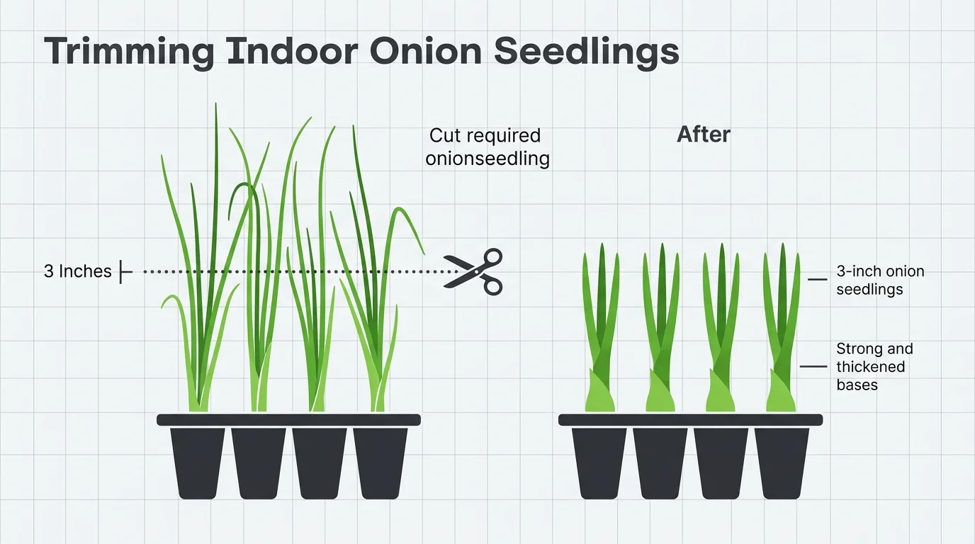 An instructional diagram showing leggy onion seedlings being trimmed with scissors to 3 inches tall.