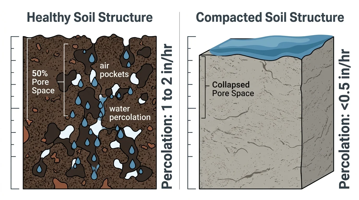 Anatomical cross-section diagram comparing water infiltration in healthy, aerated soil versus dense, compacted soil.