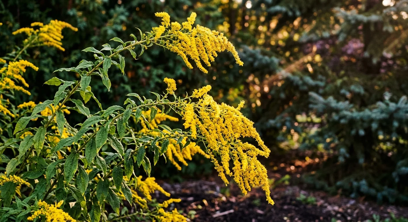 Arching sprays of vibrant yellow goldenrod blossoms glowing in sunlight against garden foliage.