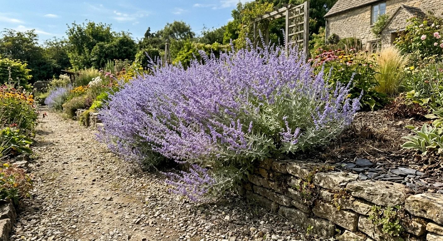 A large Russian sage bush with lavender-blue flowers spilling over a low stone retaining wall beside a gravel path.