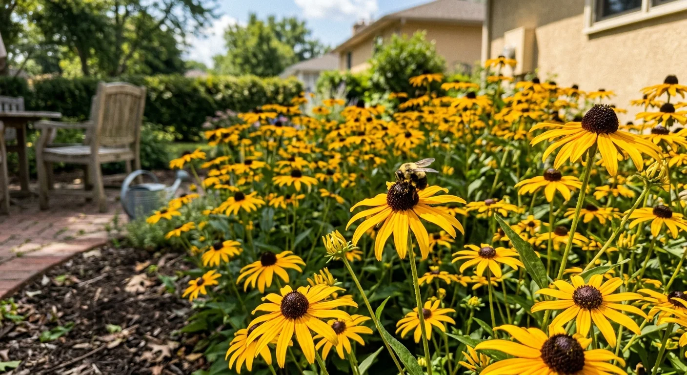 A bed of yellow black-eyed Susan flowers in a backyard garden with a bee pollinating a central blossom.