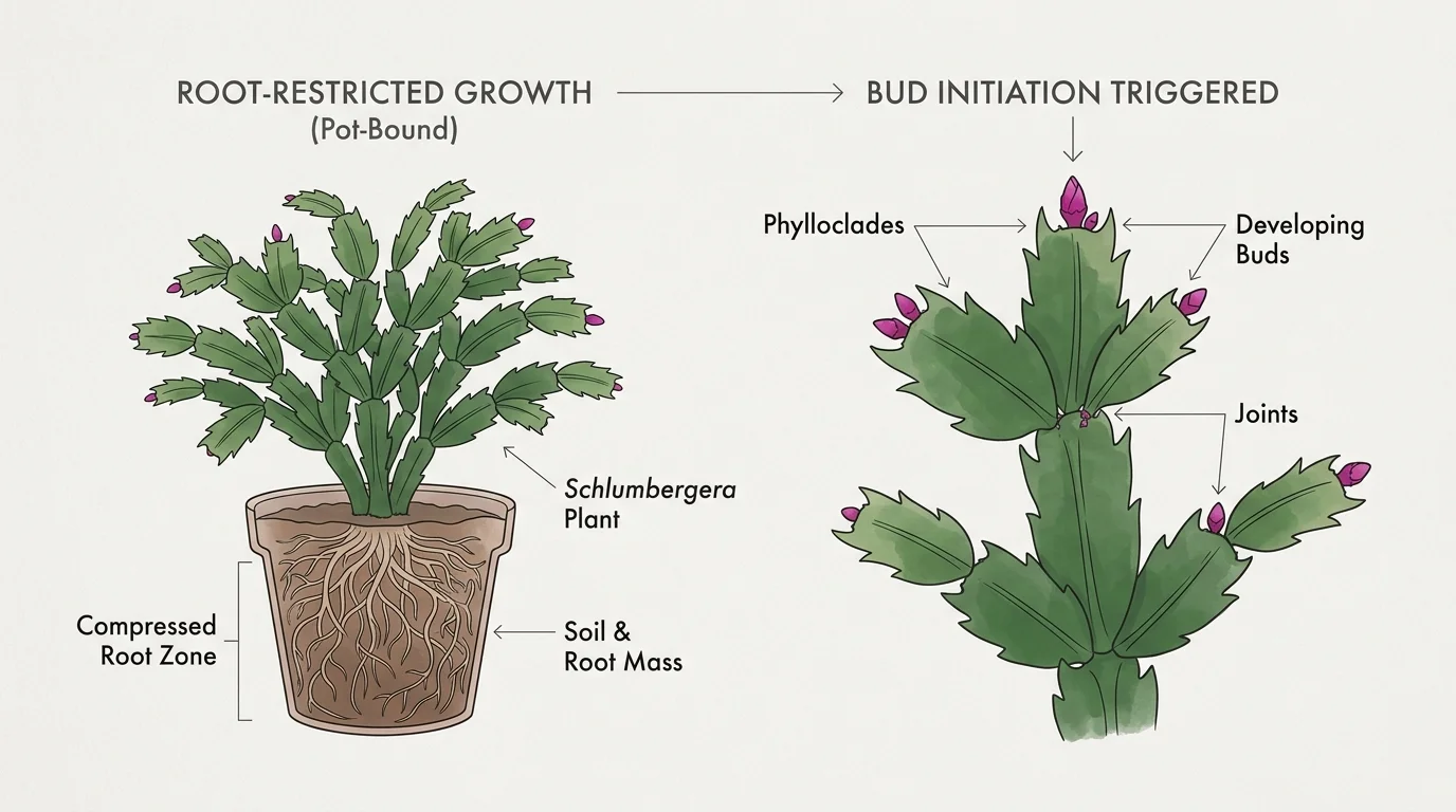 Botanical diagram comparing compressed roots in a tight pot to flower bud formation on a Christmas cactus.
