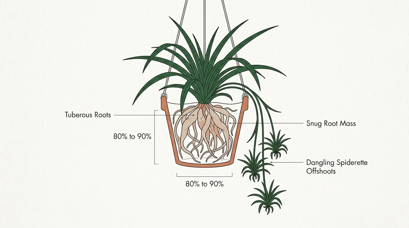 Botanical diagram showing a cross-section of a spider plant with 80% to 90% of its pot occupied by fleshy tuberous roots.
