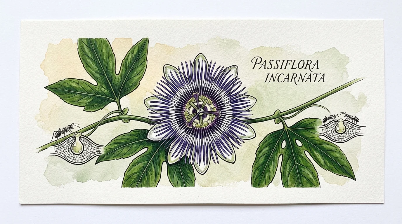 Botanical illustration of a purple Passiflora incarnata flower, leaves, ants, and cross-sections of nectar glands.