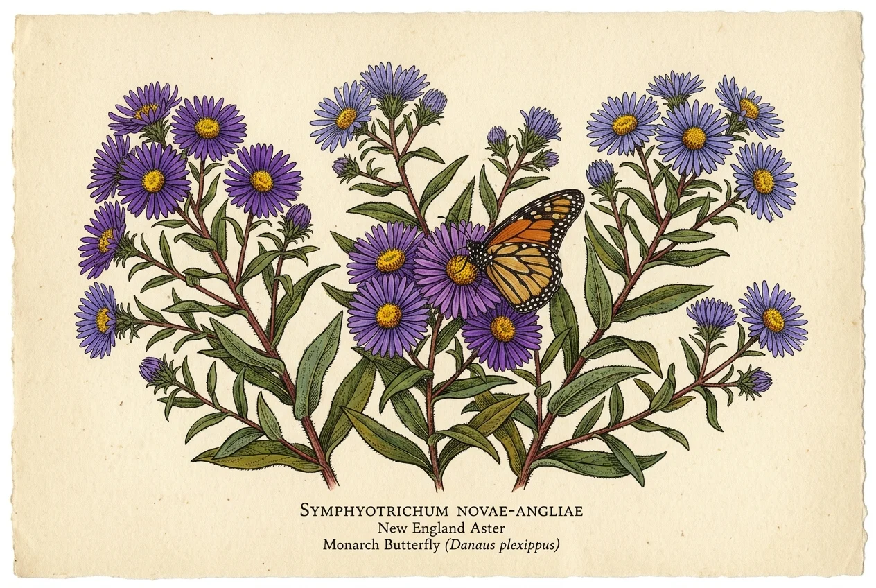 Botanical illustration of purple New England aster flowers with a Monarch butterfly perched on a central blossom.