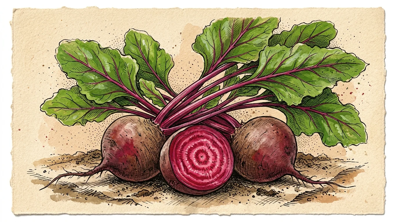 Botanical illustration of fresh beets with leafy greens, including one sliced in half showing concentric rings.