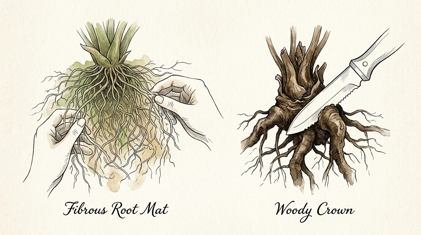 Botanical illustration comparing a fibrous root mat on the left and a thick woody crown on the right with handwritten labels.