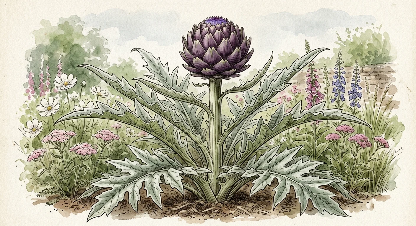 Botanical illustration of a dramatic globe artichoke plant with silvery jagged leaves and a large purple flower bud.