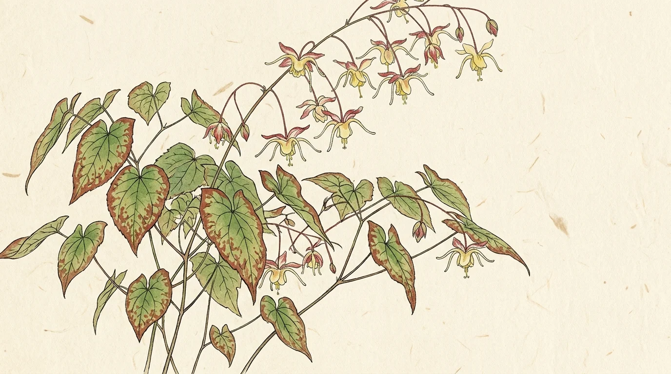Botanical illustration of barrenwort with heart-shaped leaves and delicate spider-like blossoms on textured paper.