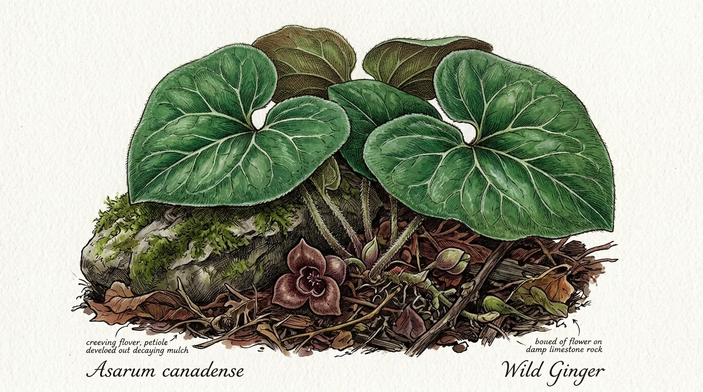 Botanical watercolor illustration of wild ginger with kidney-shaped leaves, mossy rock, and a ground-level maroon flower.