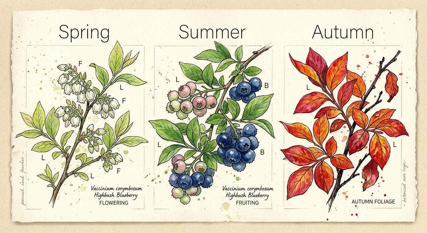 Botanical illustration showing a blueberry branch's transformation through white spring blooms, summer berries, and fiery autumn leaves.