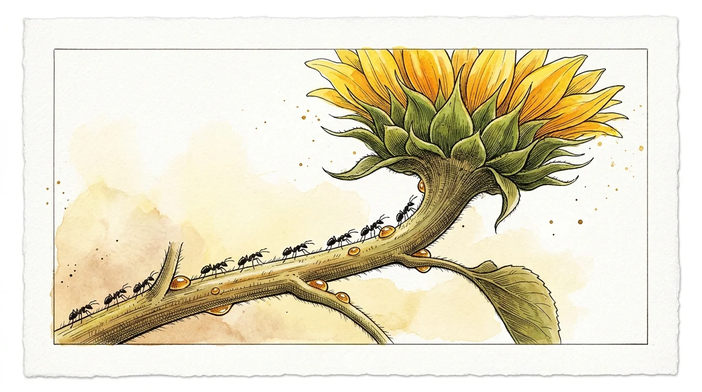 Watercolor illustration of black ants marching along a sunflower stalk covered in golden nectar droplets.