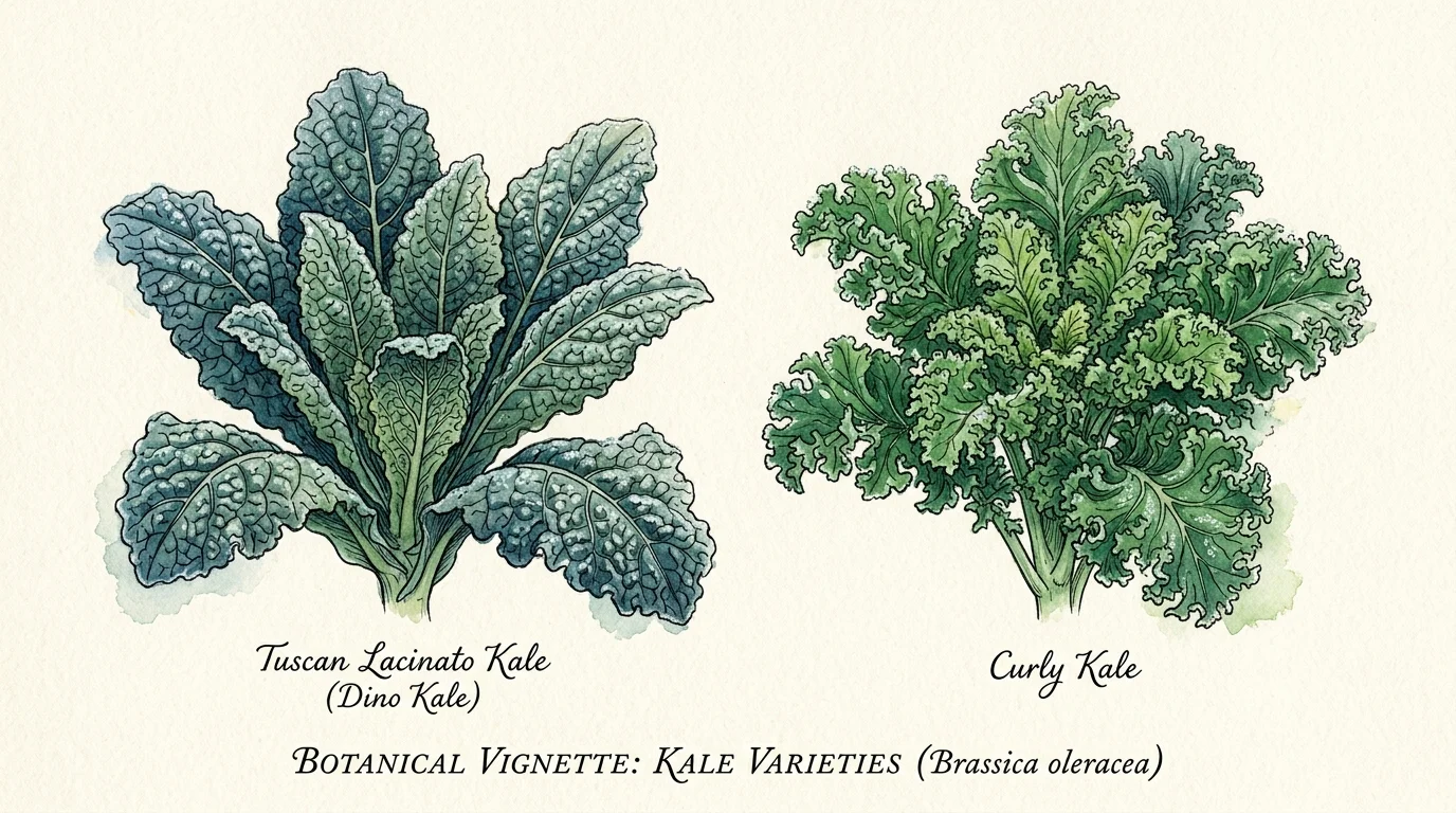 Watercolor botanical illustration comparing Tuscan Lacinato Kale and Curly Kale varieties with labeled text underneath.