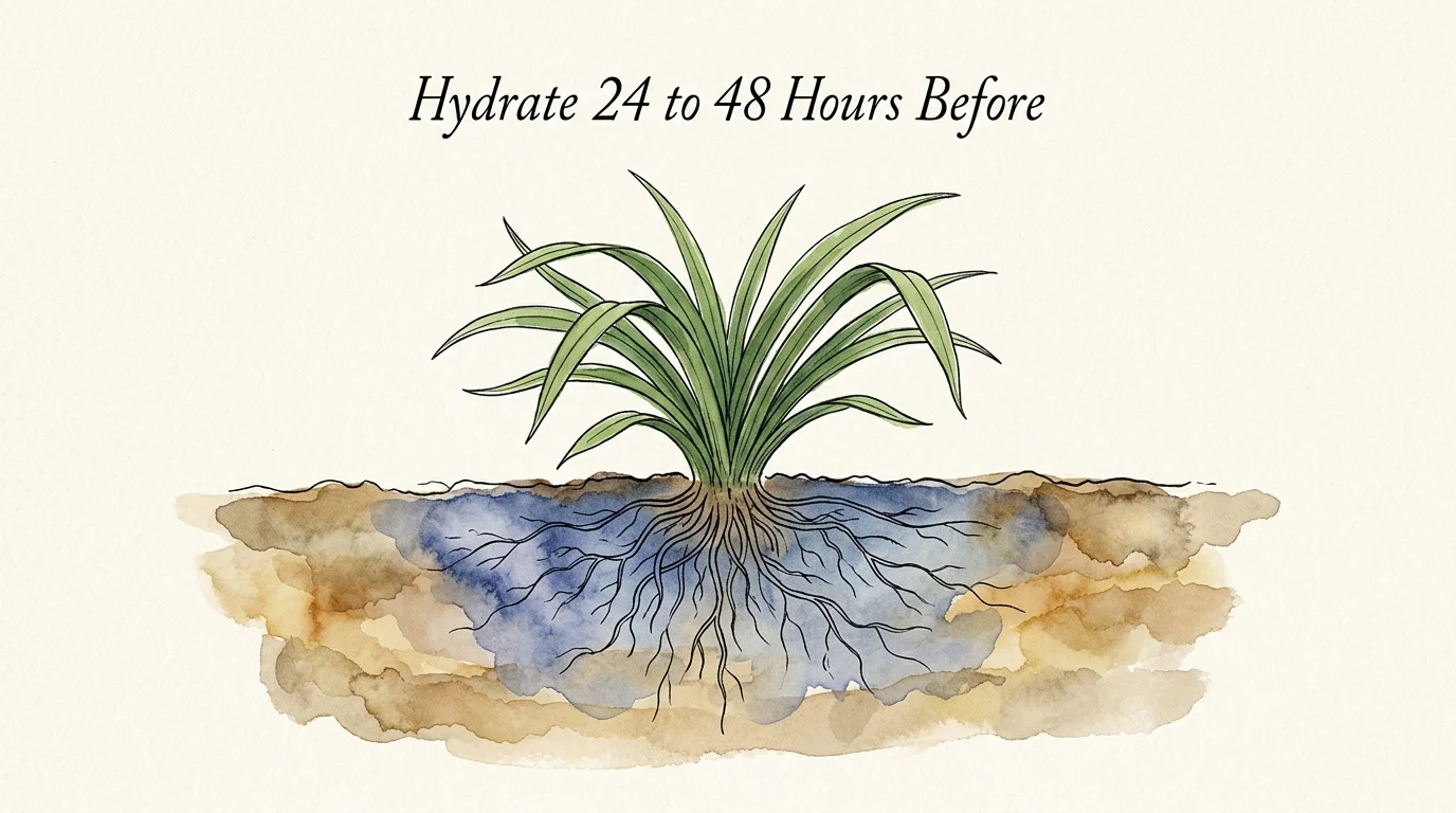 Botanical watercolor cross-section of a plant in soil with blue water pooling at the roots, labeled 'Hydrate 24 to 48 Hours Before'.