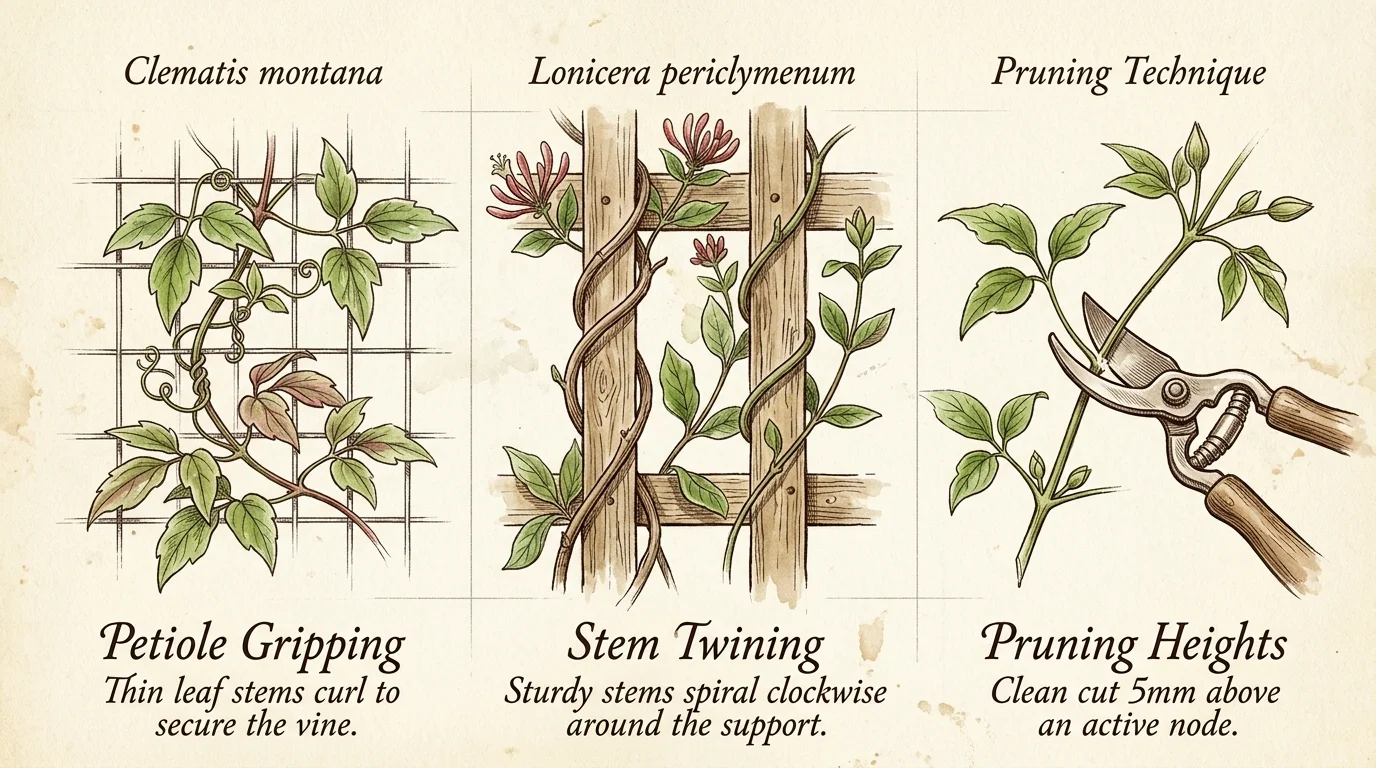 Botanical diagram showing petiole gripping on wire mesh, stem twining on a wooden trellis, and vine pruning shears.