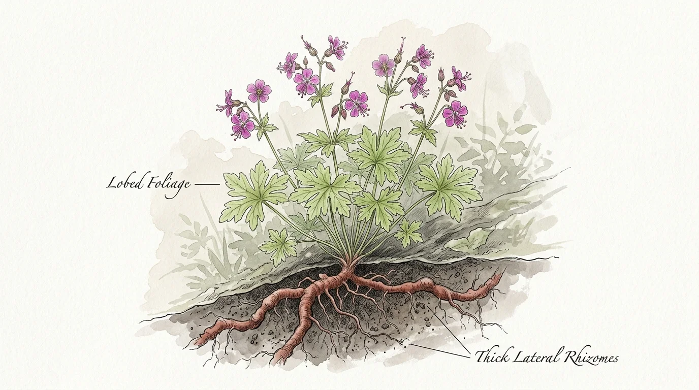 Botanical watercolor illustration of a Bigroot Geranium plant, highlighting its thick underground rhizome network.