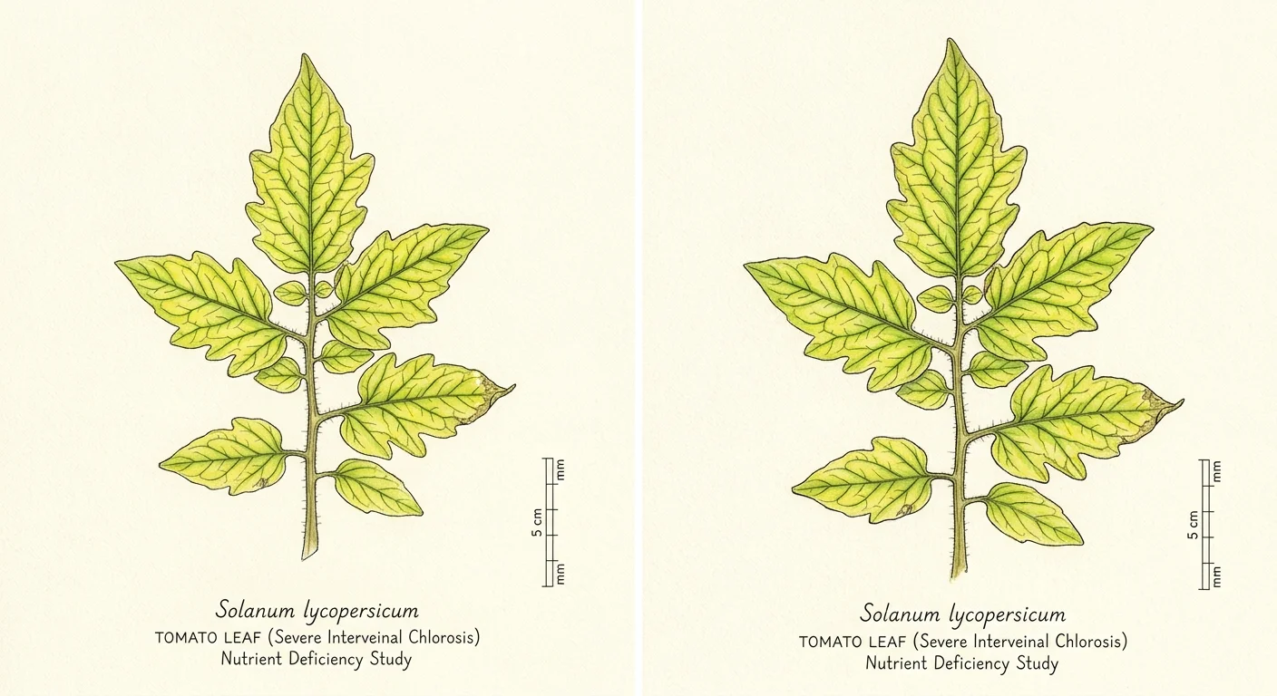 Botanical watercolor illustration of a yellowed plant leaf showing nutrient deficiency from compacted soil.