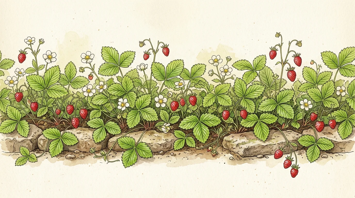 Botanical watercolor illustration of Alpine strawberries with green leaves, white flowers, and small red berries.