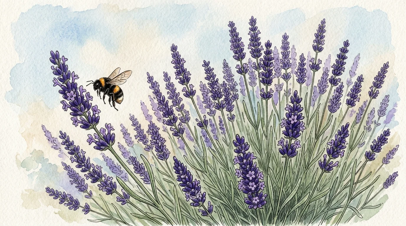 Botanical watercolor illustration of blooming purple English lavender spikes with a bumblebee hovering nearby.