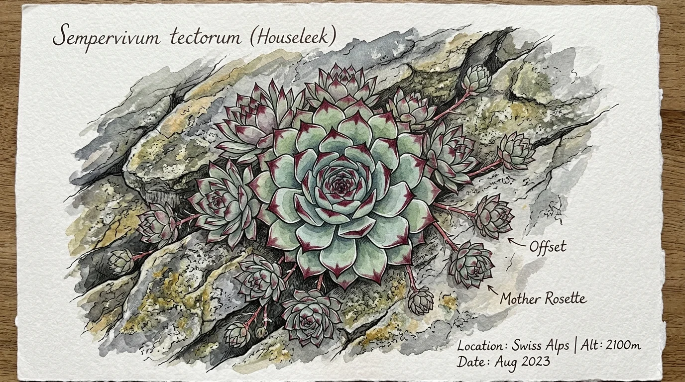Botanical watercolor illustration of Sempervivum tectorum succulents and labeled offsets growing in a rocky crevice.