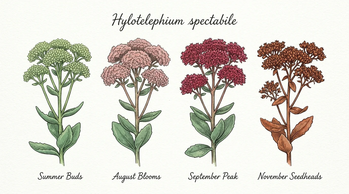 Four botanical illustrations of Hylotelephium spectabile labeled Summer Buds, August Blooms, September Peak, and November Seedheads.