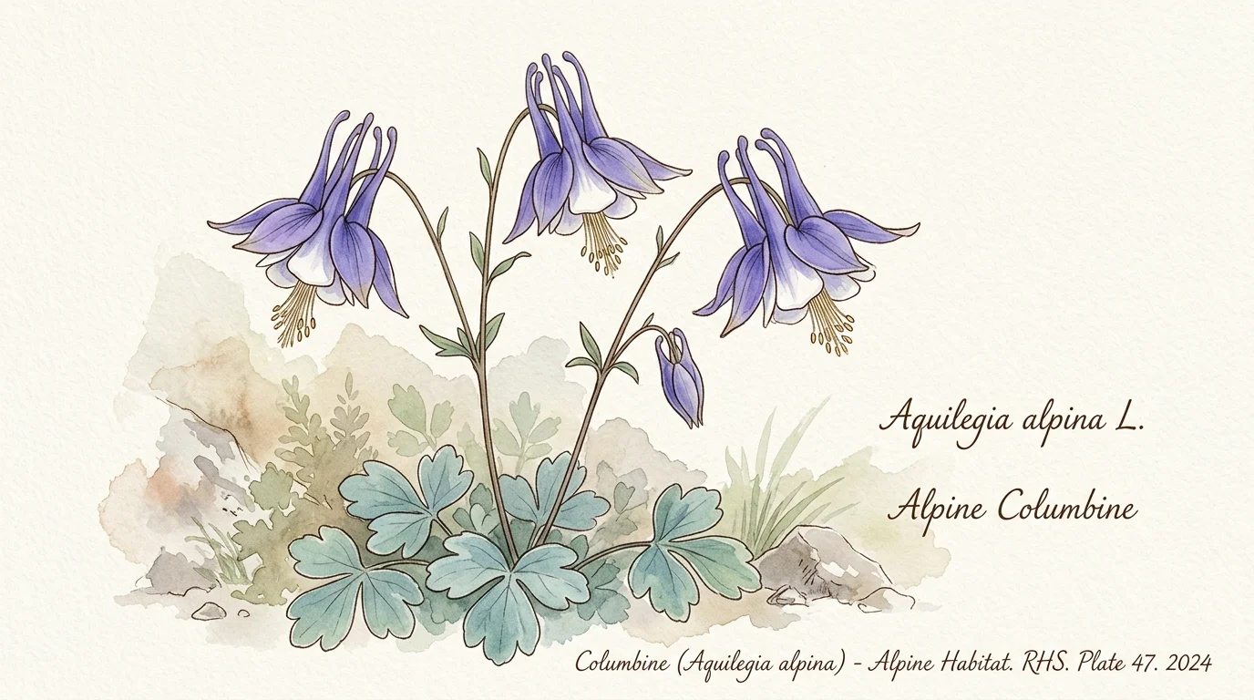 Botanical illustration of alpine columbine featuring nodding purple-blue flowers and foliage in a rocky landscape.
