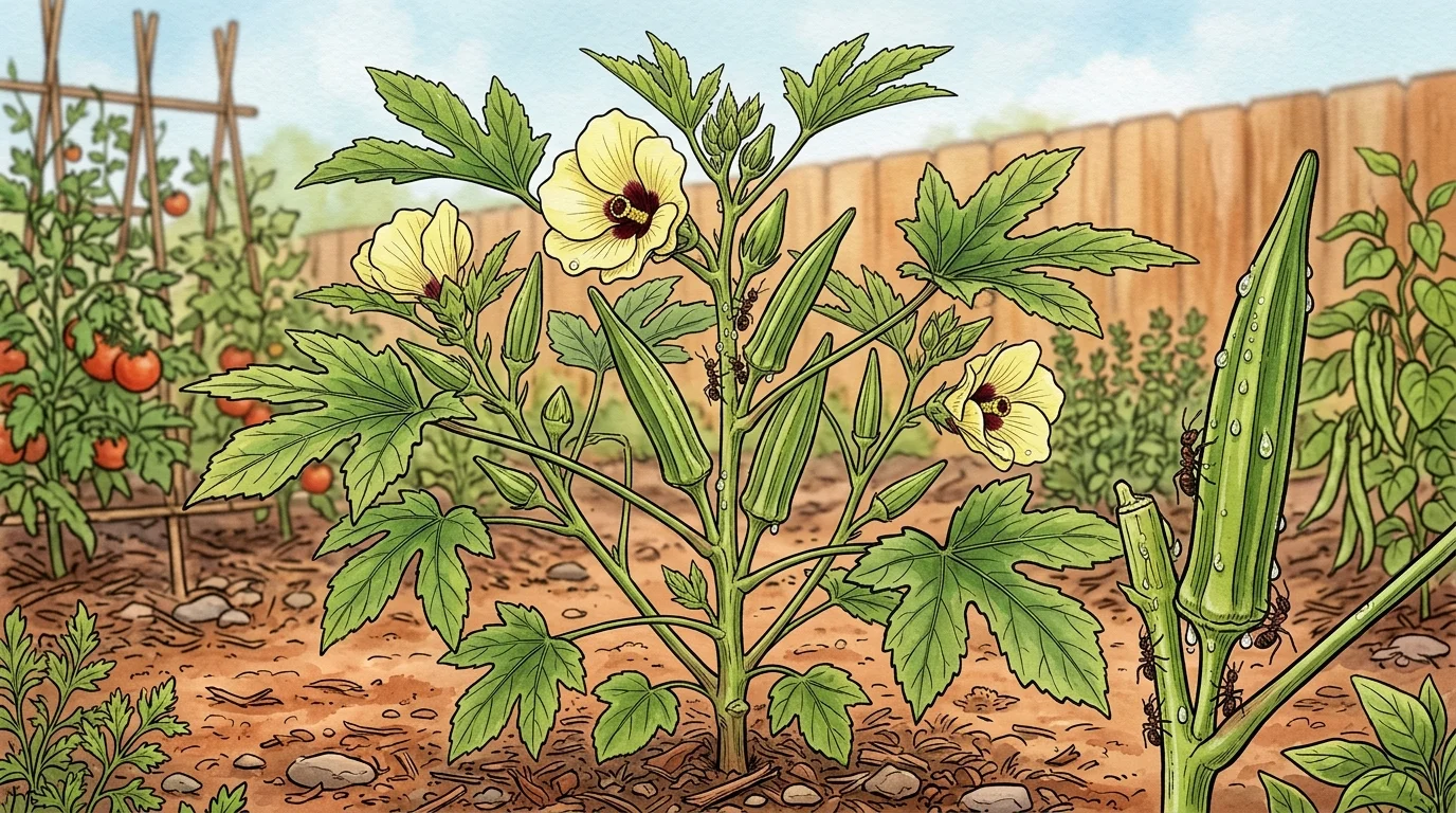 Illustration of a flowering okra plant with green pods covered in droplets and crawling ants in a vegetable garden bed.
